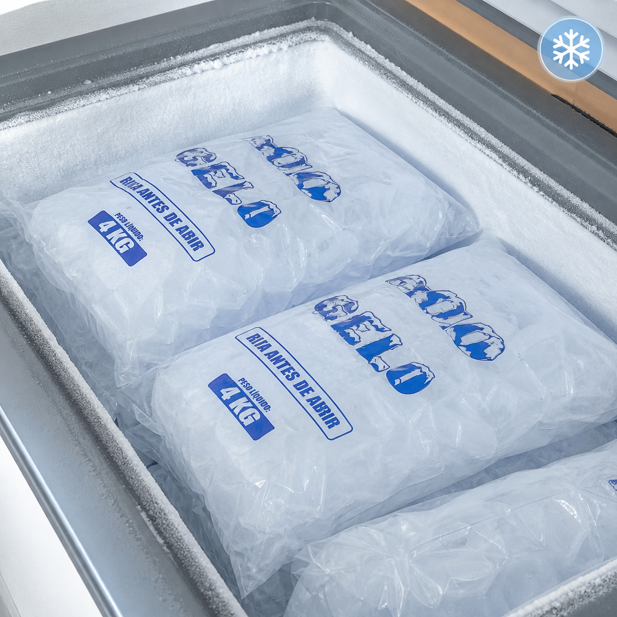 Sacos de gelo armazenados no freezer